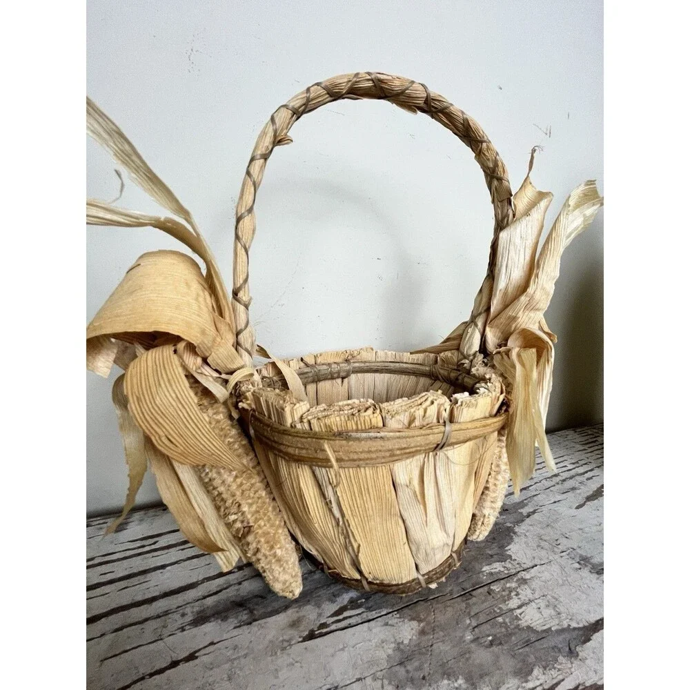 Vintage Rare Rustic Harvest Corn Husk Wicker Basket Primitive Country Decor